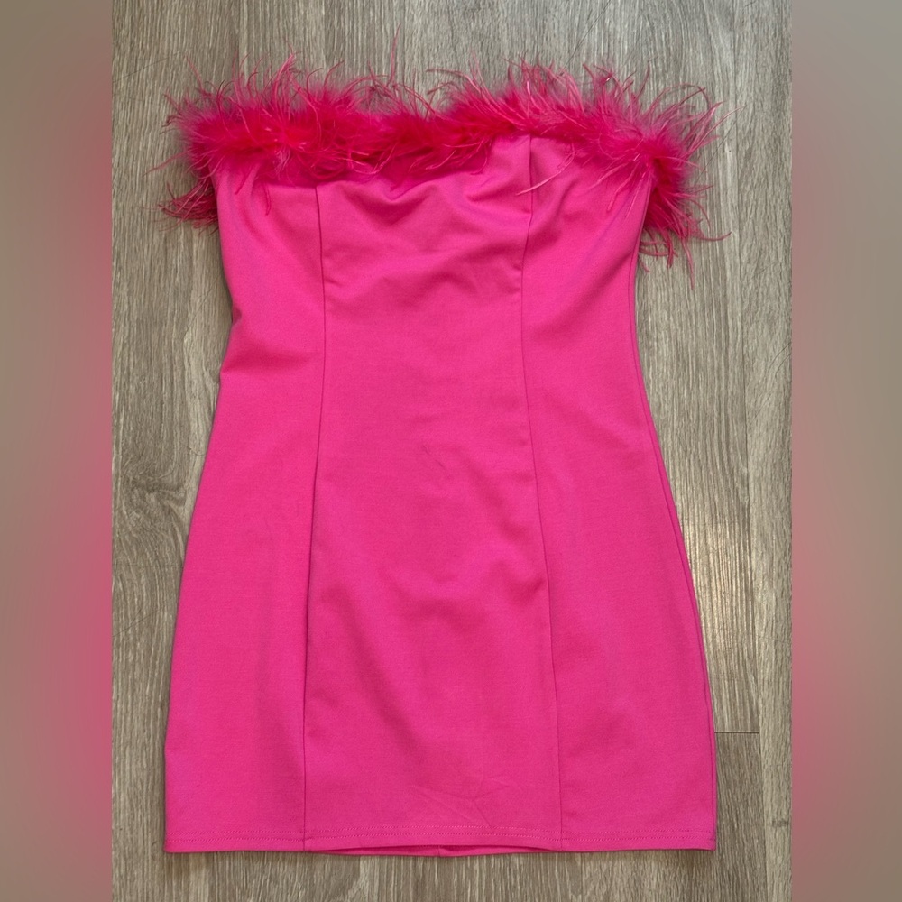 Pink Strapless Dress with Feather Trim